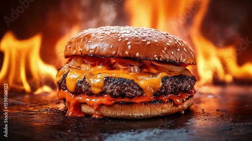 Juicy Double Cheeseburger with Melted Cheese and Flaming Background in Fast Food Concept