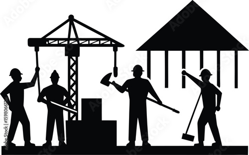 Crane lifting tools with construction workers silhouette vector illustration clipart
