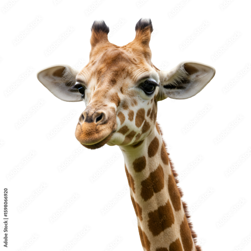 Naklejka premium Giraffe Head Closeup Isolated on Black Background