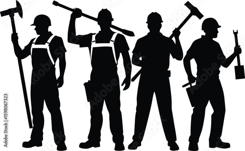Silhouette of Construction Workers Holding Tools Vector Flat Style Clipart