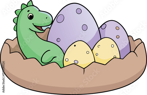 Adorable baby dinosaur hatching from a colorful egg with siblings