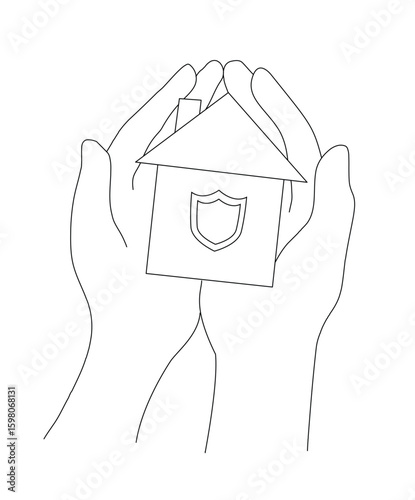 Drawing line art of two hands holding a house with a shield symbol, representing home protection, insurance, safety, or security, real estate, and property protection.