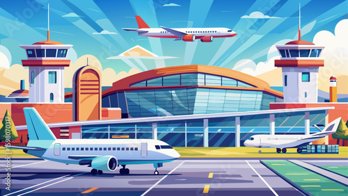 Very beautiful Airplanes on the tarmac at an airport panoramic view of the airport exterior clear sky transportation hub aviation concept