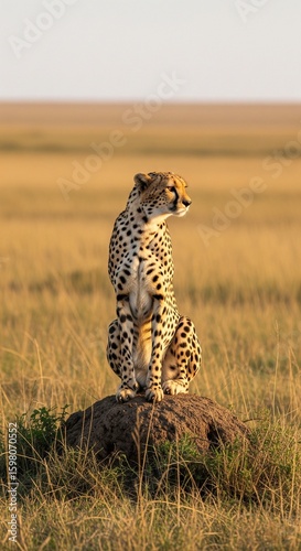 cheetah sitting on a ant heap or next staring into space on a savanna plain in adrica