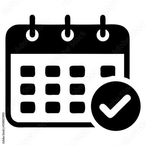 Black calendar icon with rounded corners and a checkmark inside a circle on the bottom right