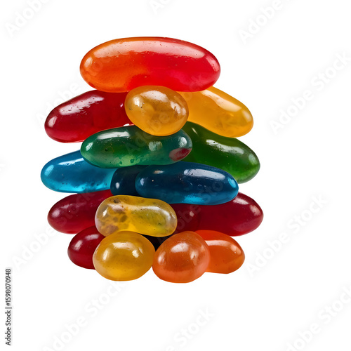 Assorted colorful jelly beans in vibrant candy pile isolated on white background