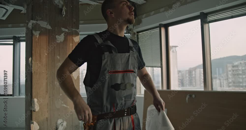Construction workers discuss blueprints in a dilapidated office space. Renovation, building, and teamwork in the construction industry.