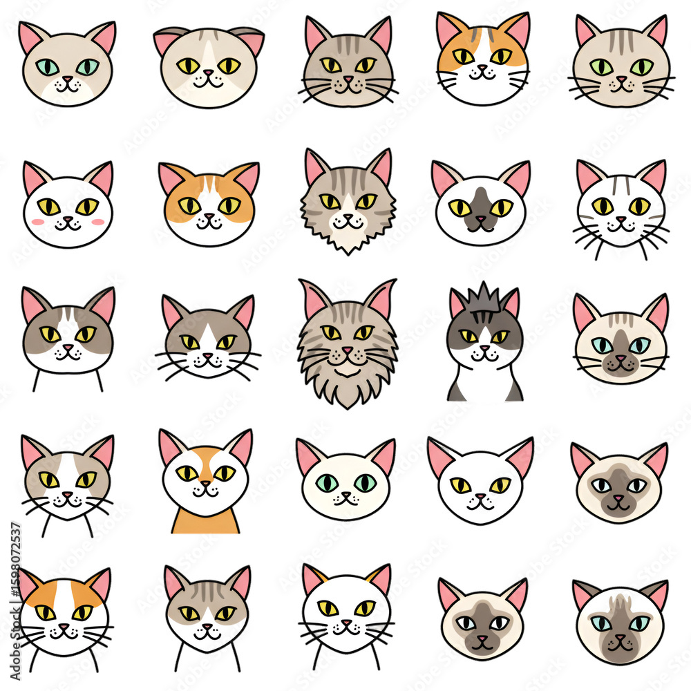 Obraz premium Illustration: Pixel Art Cat Faces Collection on Transparent Background