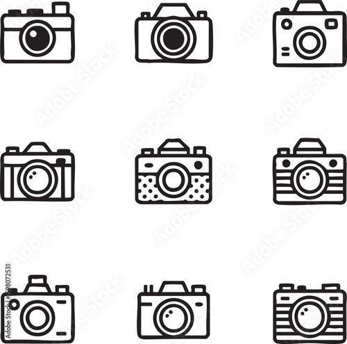 Camera vector icon set hand drawn style photography,photo equipment,lens,shutter,film,digital camera,vintage camera,modern camera,analog,dslr,illustration,vector icons