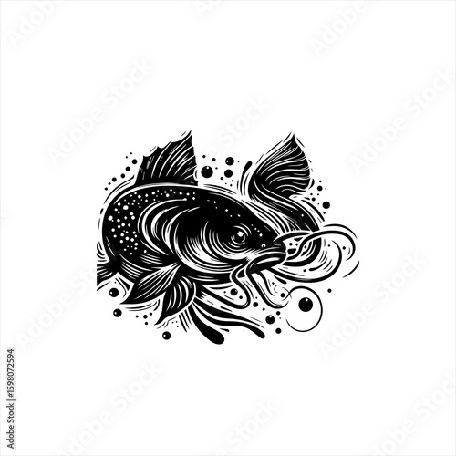 Stylized black and white illustration of a catfish with whiskers
