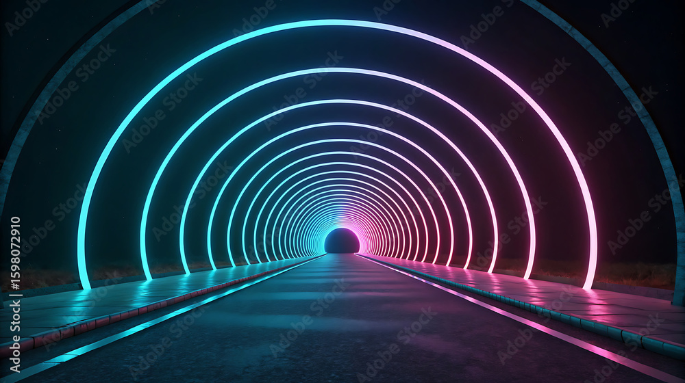 Futuristic neon tunnel with glowing arches and reflective floor Futuristic neon tunnel with glowing arches and reflective floor