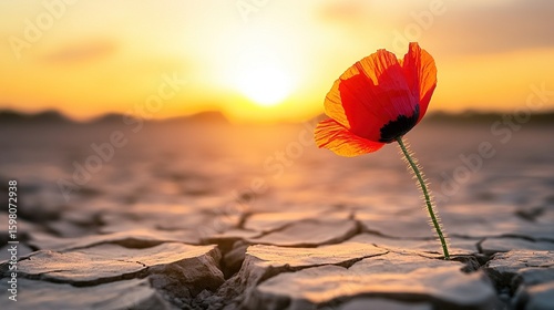 single poppy flower growing in the cracked earth of an arid landscape, with a sunset or sunrise background, hope and resilience during environmental challenges such as droughts and desertification.