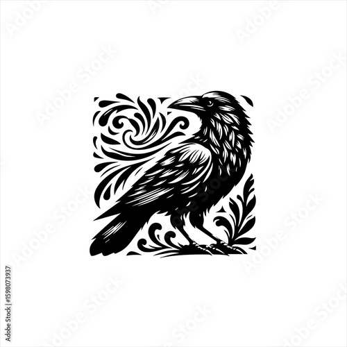 Wallpaper Mural Black raven with ornate swirling decorative elements in a square frame Torontodigital.ca