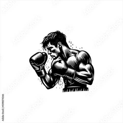 Muscular boxer in fighting stance black and white illustration