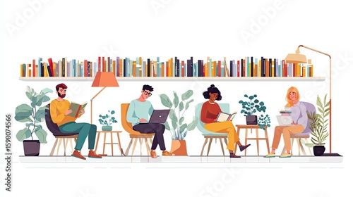 A diverse group of young adults studying and relaxing in a modern library setting, illustrated in a vibrant, flat style.