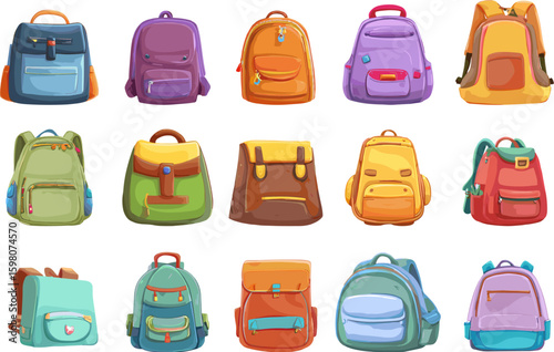 Children school backpacks. Isolated cartoon backpack for pupils, elementary school students or kindergarten. Vibrant camping bags vector set