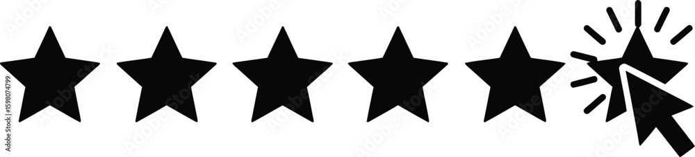 Five-Star Rating Icon – Cursor Clicking Fifth Star in Horizontal Black Row for UX Feedback, Product Reviews, and Scoring Interfaces Five-Star Rating Icon – Cursor Clicking Fifth Star in Horizontal Black Row for UX Feedback, Product Reviews, and Scoring Interfaces
