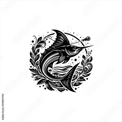 Black and white marlin fishing emblem with ornate floral elements