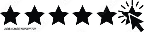 Five-Star Rating Icon – Cursor Clicking Fifth Star in Horizontal Black Row for UX Feedback, Product Reviews, and Scoring Interfaces