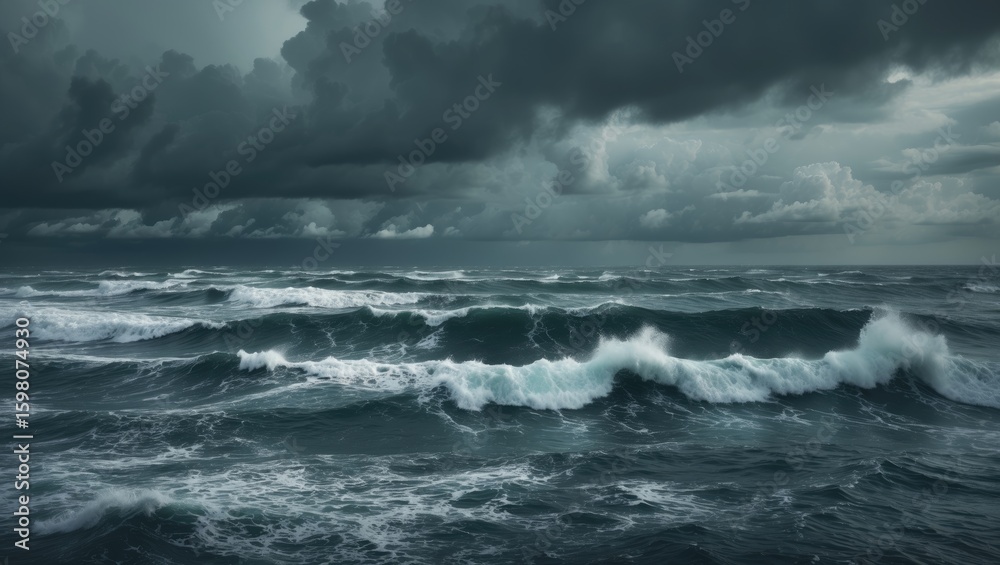 Fototapeta premium Stormy ocean waves with dark clouds overhead, showcasing a turbulent sea and menacing weather conditions.