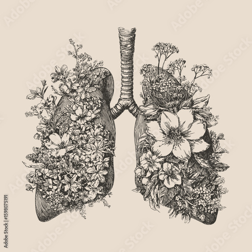 Human lungs in blooming flowers sketch illustration. Hand drawn internal organ, healthy metaphor. Medical vintage drawing, vector element