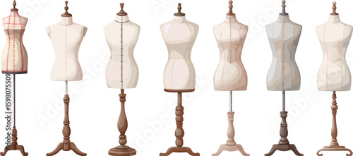 Mannequins cartoon set. Tailor mannequin for fashion clothes design, sewing workshop or store equipment. Outfit creating tools, isolated vector clipart