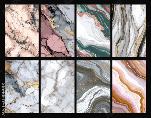 Marble effects cards. Decorative finishing, stone samples for interior renovation, kitchen, floors. Exterior design. Invitation or posters vector backdrops