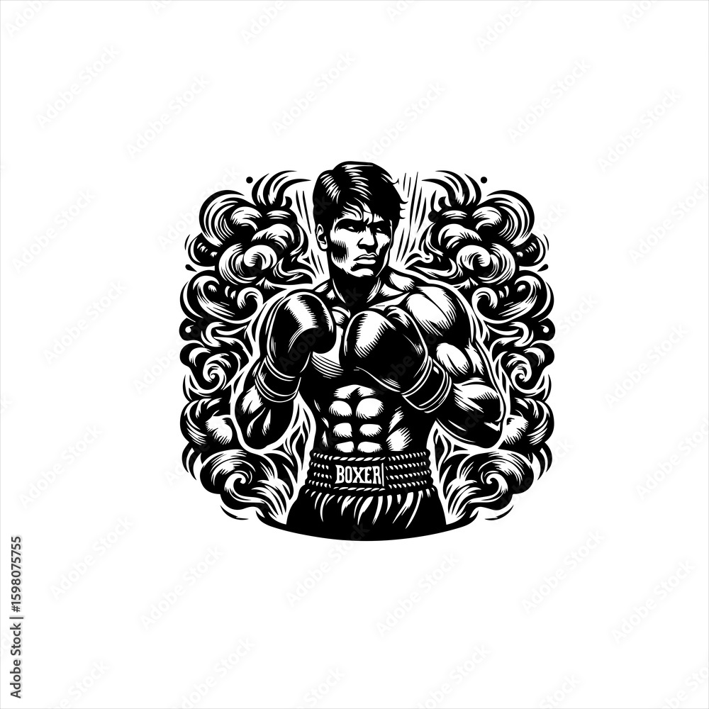 Obraz premium Muscular boxer in fighting stance with ornate swirls