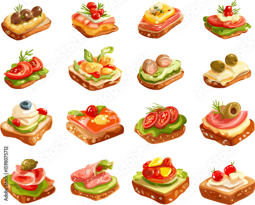 Mini food. Finger food set, sandwiches with ham cheese olive tomatoes on bread slices. Buffet party serving, hotel breakfast or lunch meals, vector clipart