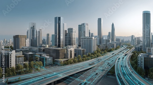 Futuristic city skyline with modern skyscrapers, elevated highways, and green spaces, showcasing urban development