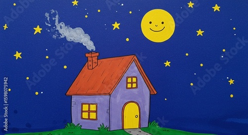 Nighttime house scene: A cozy purple house with a red roof under a smiling moon and twinkling stars creates a peaceful atmosphere.