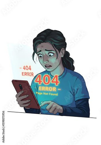 Illustration of a Woman Confused by 404 Error on Phone