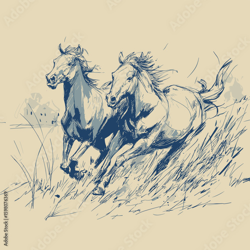 Sketch horses running. Wild horse, mustang run on nature. Hand drawn animalistic illustration, pen drawing design with active animals, vector scene
