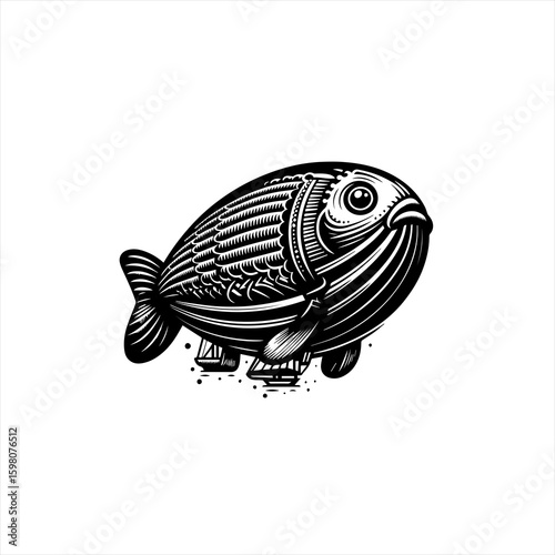 Whimsical fish shaped airship with detailed scales and fins