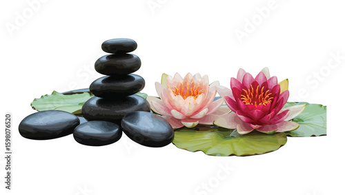 Spa black stones with pink and white lotus flowers on green leaves for relaxation and wellness