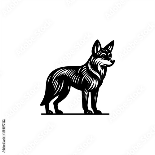 Stylized black and white silhouette of a standing wolf