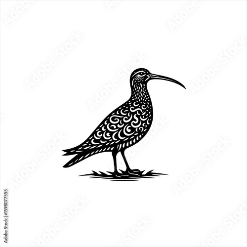 Stylized black and white curlew bird with ornate pattern