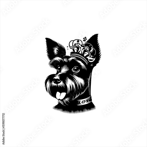 Black and white illustration of a regal schnauzer wearing a crown