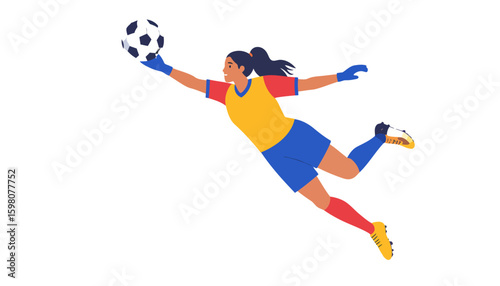 Dynamic Female Soccer Goalkeeper Diving to Catch Ball in Vibrant Uniform
