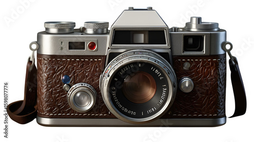Vintage leather camera with chrome details isolated on black background isolated on white background isolated on transparent background