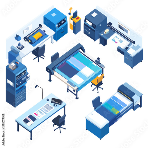 Isometric collection of modern print shop equipment with large format plotters, printers, and office furniture.