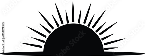 Vector art of black silhouette of a rising or setting sun on the horizon isolated on transparent background