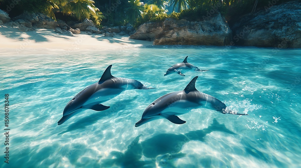 Fototapeta premium Crystal water dolphins playing by white sandy beach high resolution picture