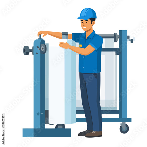 Smiling male industrial worker in a blue hard hat operating a large rolling machine with a paper roll.