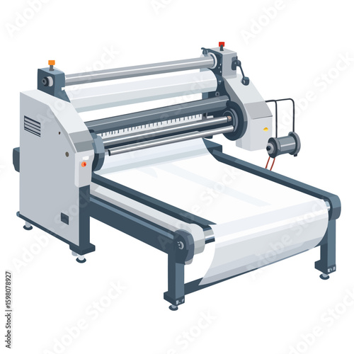 Isometric industrial laminating machine with rollers processing a wide sheet of white material.