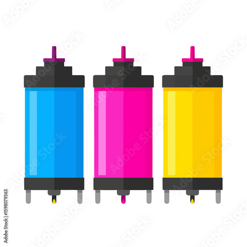 Three Cylindrical Ink Cartridges in Cyan, Magenta, and Yellow