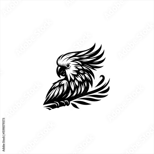 Stylized black and white cockatoo bird illustration