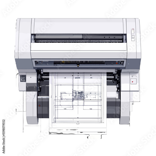 Large format plotter printing technical blueprint, white and grey industrial printer, top view, detailed illustration.