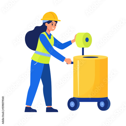 Woman in Hard Hat and Vest Disposing of Green Roll into Yellow Bin