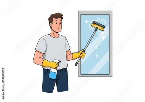 Illustration of Man Cleaning Window with Squeegee